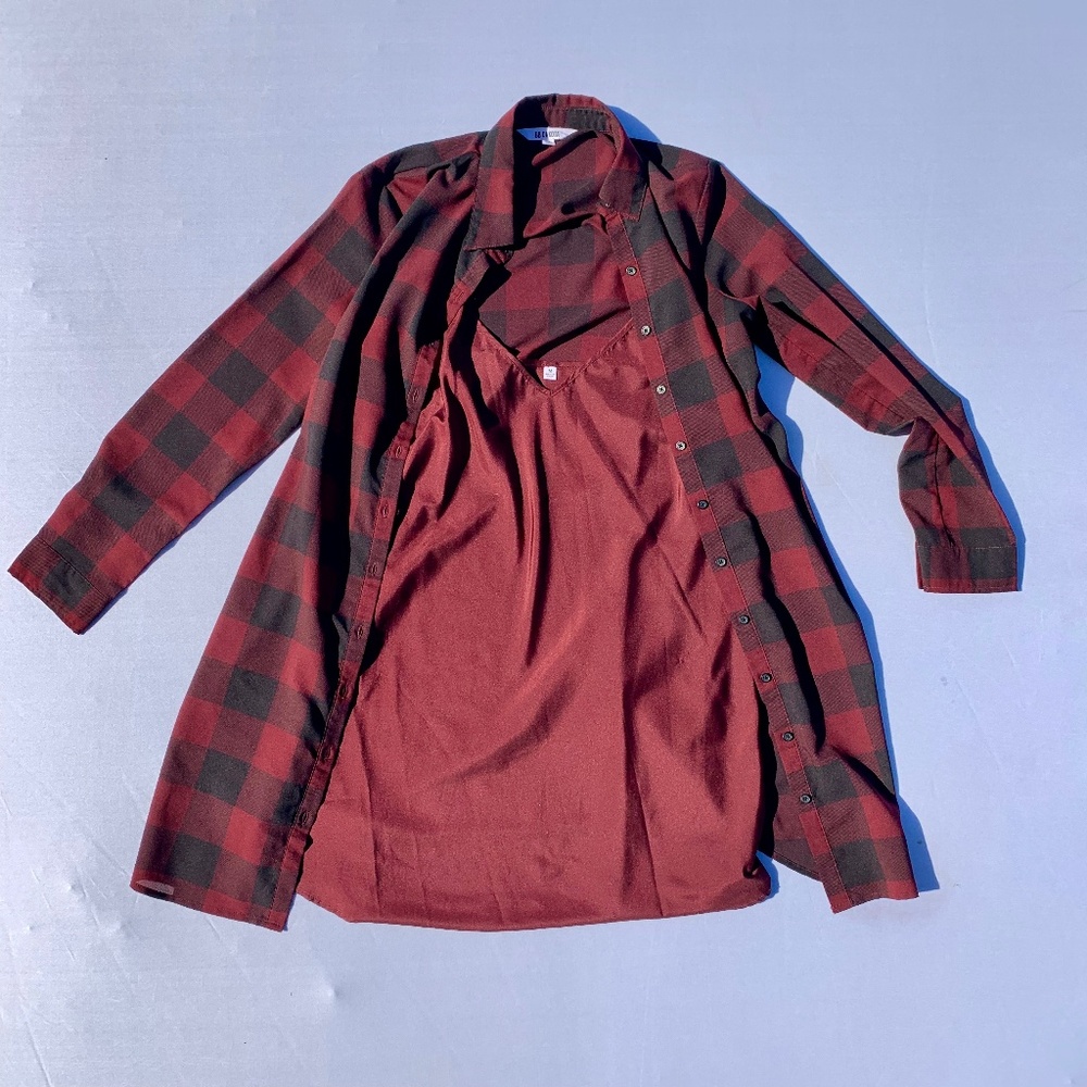 BB DAKOTA KENDRICK WINE RED PLAID SHIRT DRESS